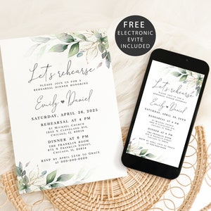 Greenery rehearsal dinner invitation template Gold foliage wedding rehearsal e-invite Editable electronic invite Digital DIY Download AGFW-1