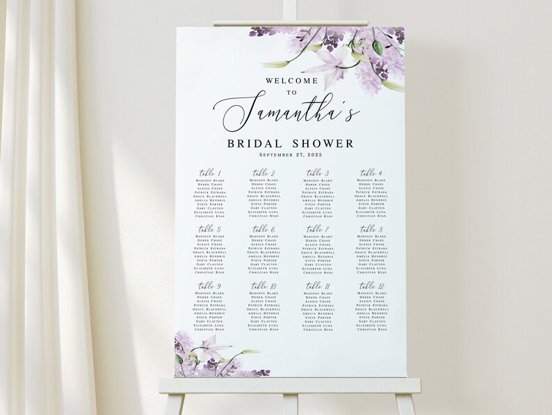 Small seating chart Welcome bridal shower Hens party poster Editable template Lavender wedding seating Printable Download Templett LaWed-A image 5