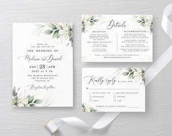 Greenery wedding invitation suite Editable invitation template Gold foliage Customizable Printable Digital DIY Download Templett AGFW-1