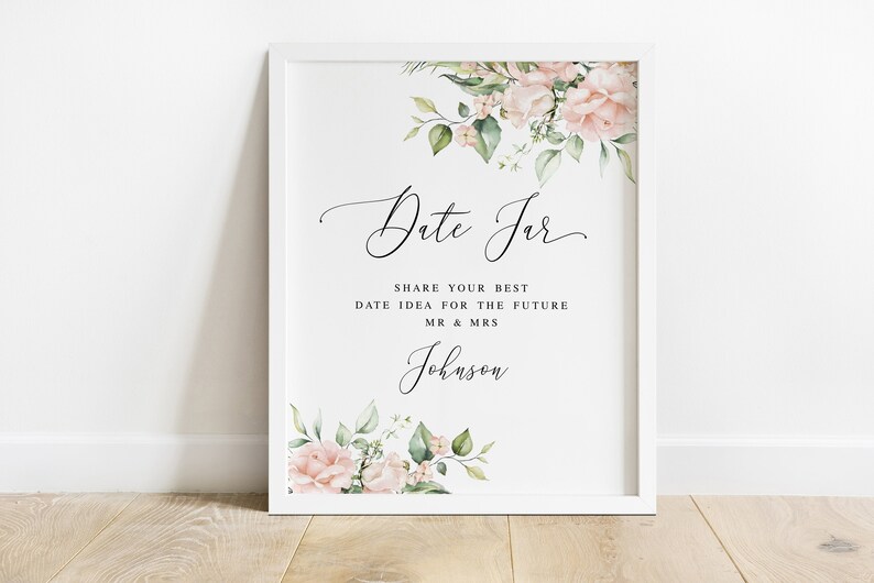 Date jar sign and cards Self-editing template Bridal shower game Couples night ideas Wedding pink roses Digital Download #swc11