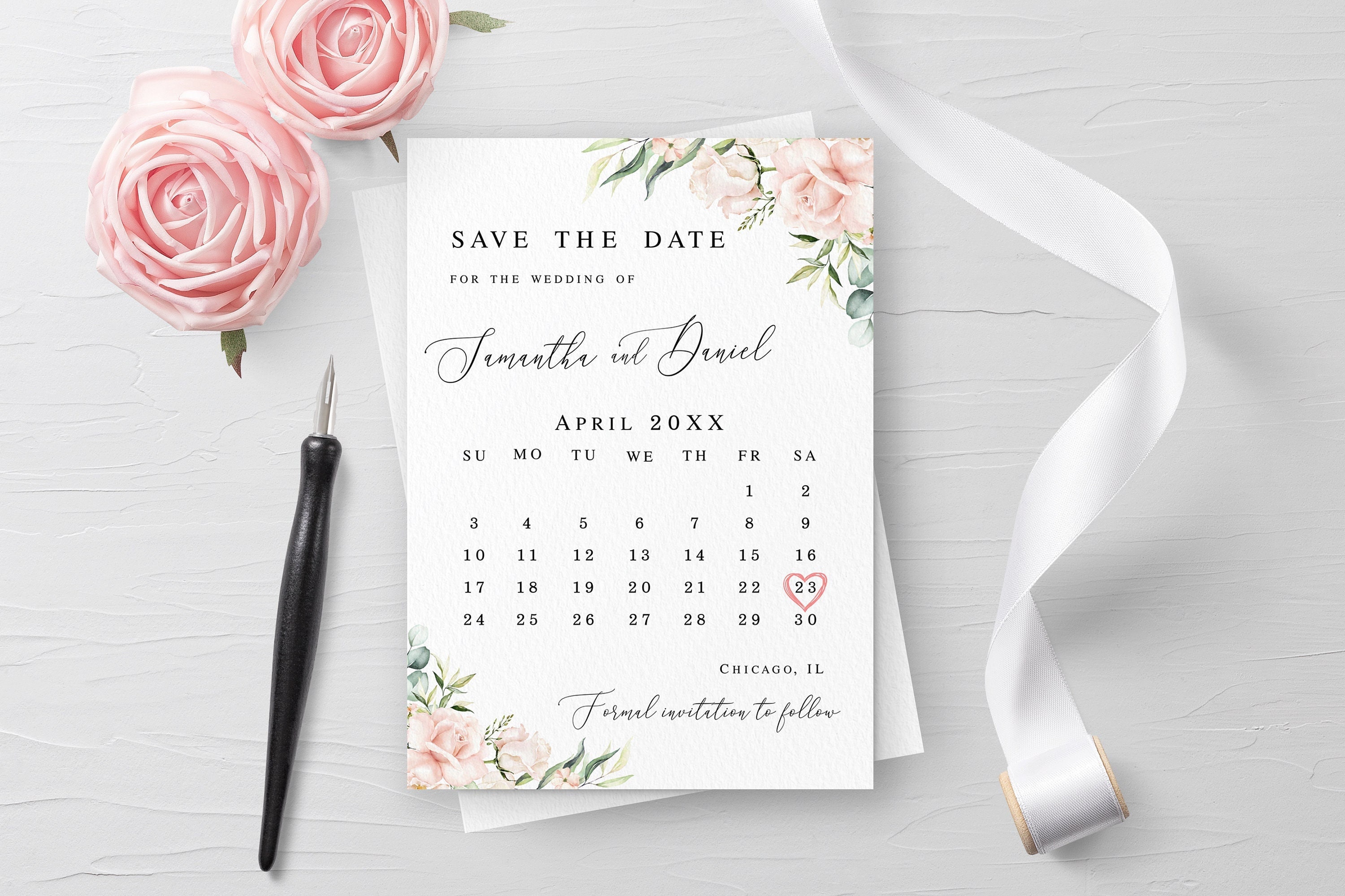 Floral Calendar Save the Date Template Editable Calendar Printable  Engagement Wedding Announcement Pink Roses Digital Download WSPR-A - Etsy