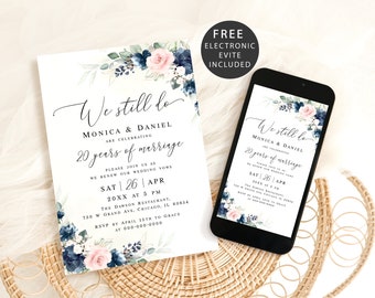 Navy blush floral wedding vow renewal invitation template Customizable invite Digital download Templett Webl-40