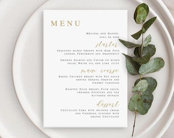 Wedding menu card template Editable menu Printable menu Customizable menu Gold Rehearsal dinner Bridal brunch Download Templett LCF-WC21