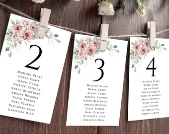 Dusty roses seating chart cards Editable template Seating plan printable Table cards Hanging seating chart Download Templett SDURS-10f