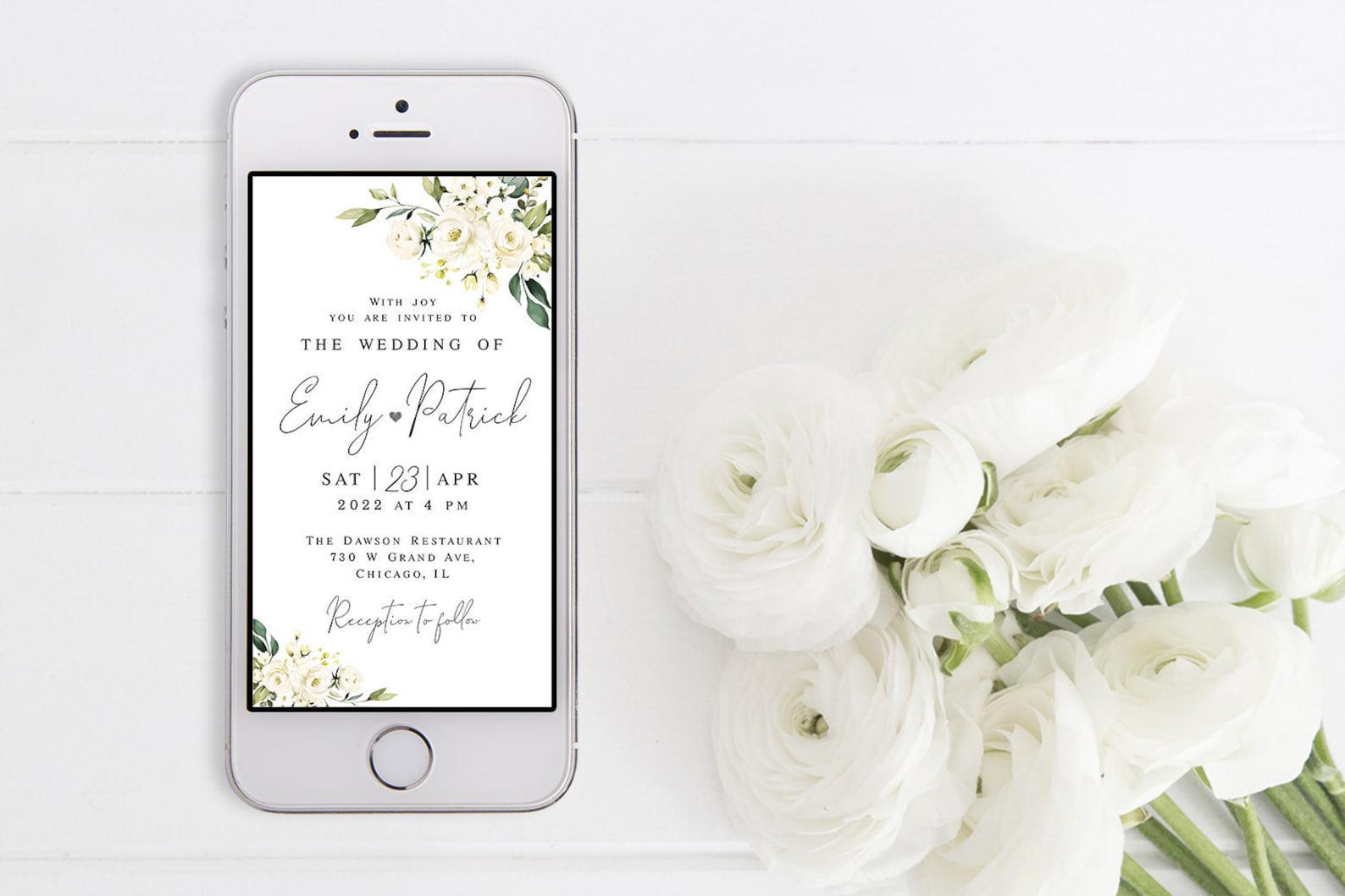 Text Message Invite Electronic Wedding Invitation Template White Roses Wedding E-invite ...