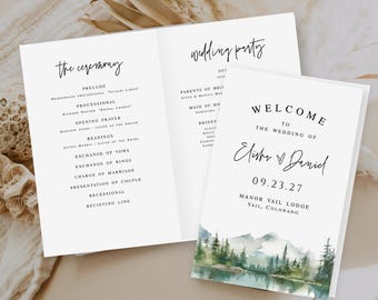 Plantilla de programa plegable para boda en la montaña, diseño de bosque lacustre, editable, descargable, Templett MOLAFF7
