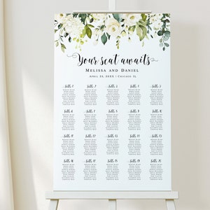 Stoelindeling witte rozen Afdrukbaar stoelplan Sjabloon stoelindeling met bloemen Bewerkbare stoelindeling Bewerken met Templett Downloaden AWHR-1