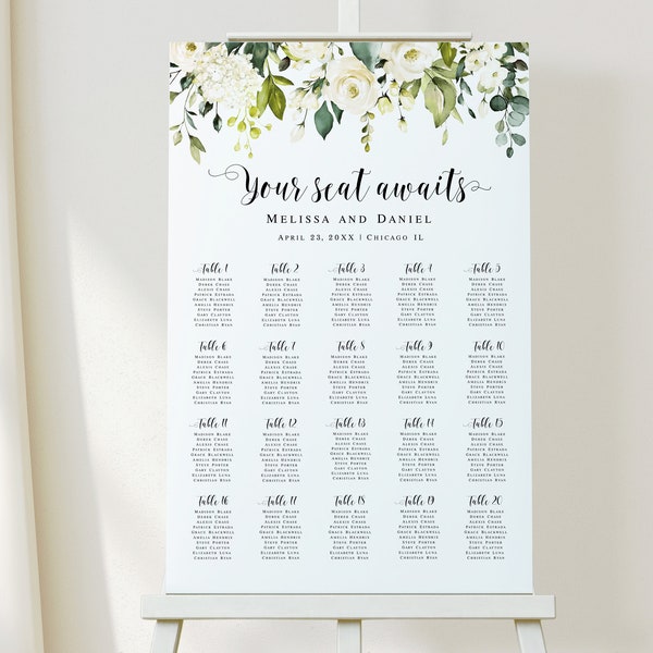 White roses seating chart template Your seat awaits Editable seating plan board printable Floral seating chart DIY Download Templett AWHR-1