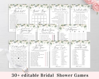 Gold foliage bridal shower games bundle Editable 30 Games Wedding activities package Tea party Advice for couple Download Templett AGFW-1