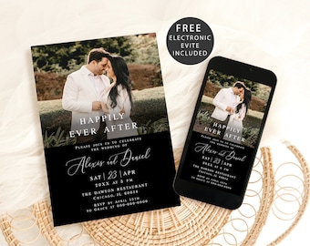 Modern wedding invitation template with photo Customizable invite Black design Digital download Templett Blwht-30