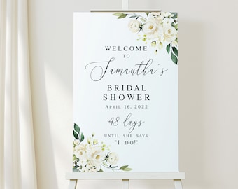 Bridal shower welcome sign template Editable welcome sign Hens party floral poster White roses welcome bridal sign Download Templett AWHR-1