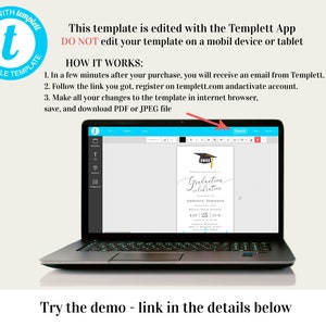 May include: A laptop computer displaying a graduation invitation template on the screen. The template is designed in a modern style with a black and gold color scheme. The text on the invitation reads "Graduation Celebration" and includes the graduate's name, date, and time of the event. The template is editable using the Templett App.