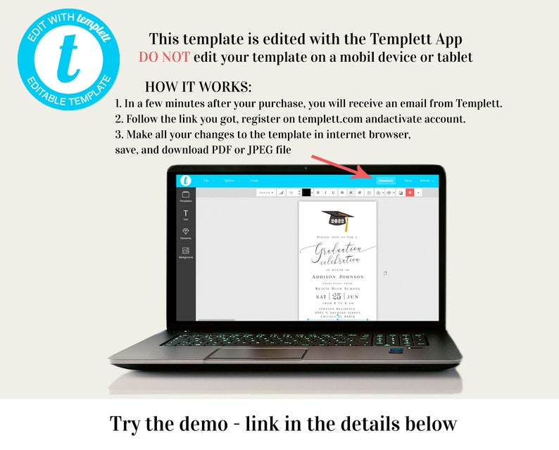 May include: A laptop computer displaying a graduation invitation template on the screen. The template is designed in a modern style with a black and gold color scheme. The text on the invitation reads "Graduation Celebration" and includes the graduate's name, date, and time of the event. The template is editable using the Templett App.
