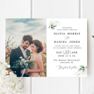 Gold foliage wedding invitation template Printable invite with picture Greenery wedding invite Downloadable Edit with Templett AGFW-1