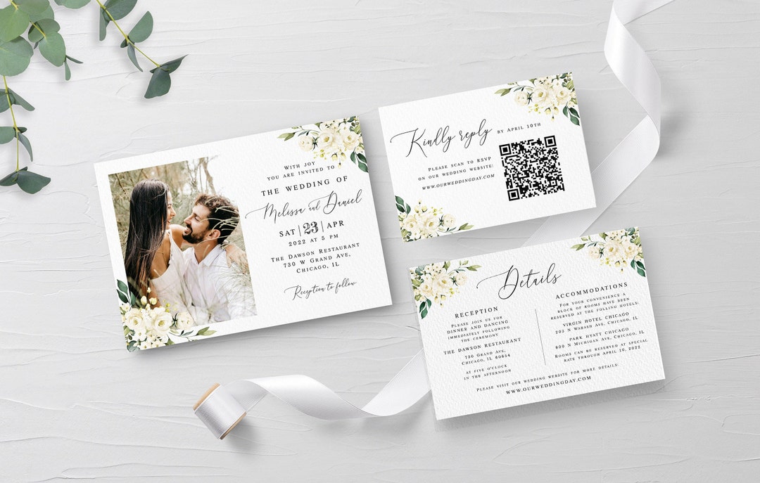 White Roses Wedding Invitation Template Editable Wedding Set Floral ...