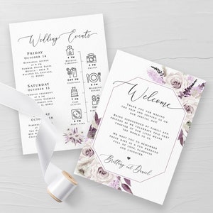 Purple wedding timeline template Floral wedding itinerary Order of events Welcome letter Wedding agenda Download Edit with Templett PURFSW27