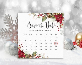 Calendar save the date template printable Editable calendar Bridesmaid proposal card Christmas themed Digital Download Templett CriThW-S45