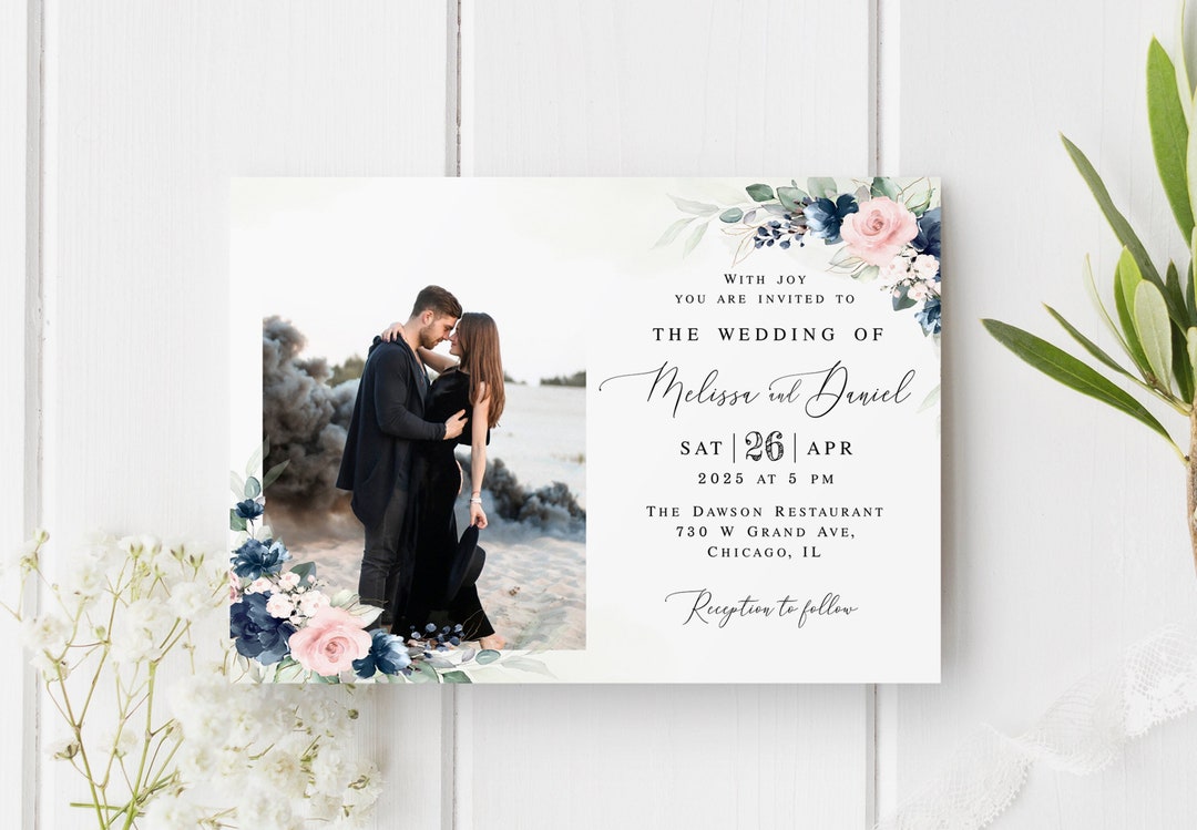 Blue Wedding Invitation Template Editable Invite With Photo - Etsy