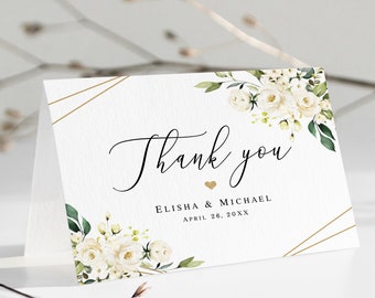 White roses thank you card template Editable Fold and Flat thank you card Floral thank you card Digital DIY Download Templett AWHR-1