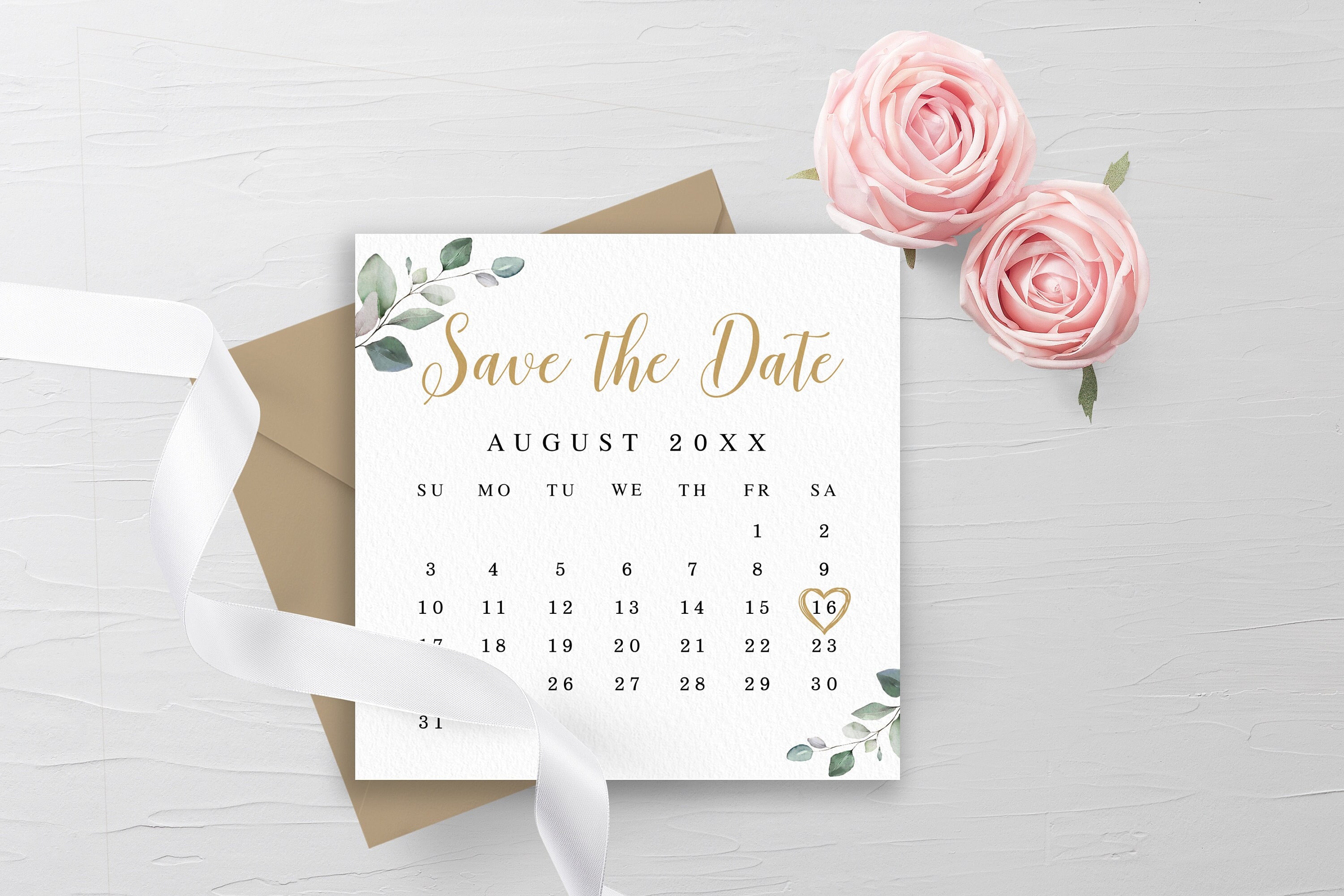 Calendar save the date template Foliage wedding save the date printable Wedding announcement Greenery save the date  Download Templett