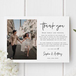 Plantilla de tarjeta de agradecimiento de boda moderna Tarjeta de agradecimiento con foto imprimible Nota de agradecimiento editable Descarga digital Editar con Templett FThf-L7