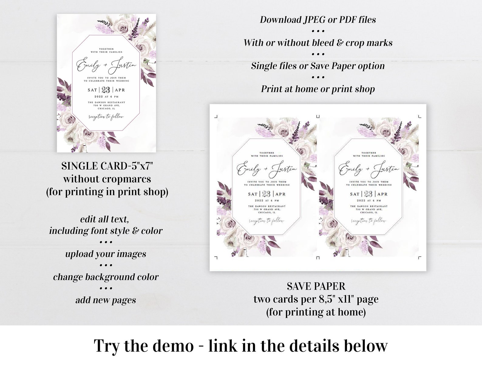 Purple Wedding Invitation Template Editable Printable - Etsy