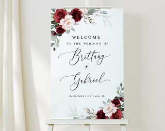 Floral welcome sign template Burgundy wedding Editable Welcome board printable Reception poster Digital DIY Download Templett BSA-35