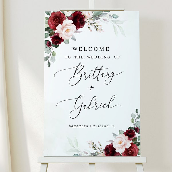 Floral welcome sign template Burgundy wedding Editable Welcome board printable Reception poster Digital DIY Download Templett BSA-35