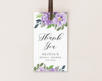 Purple thank you tag template Editable gift tag Bridal shower favor tag printable Floral gift tag Digital DIY Download Templett PUFLSW16