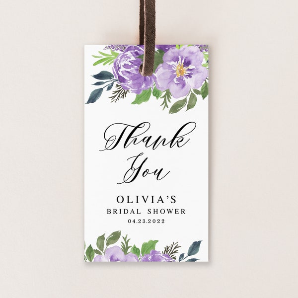 Purple thank you tag template Editable gift tag Bridal shower favor tag printable Floral gift tag Digital DIY Download Templett PUFLSW16