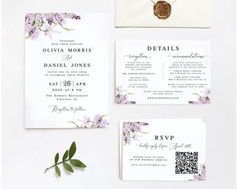 Lavender floral wedding invitation suite Editable wedding set printable Digital download Templett LaWed-A