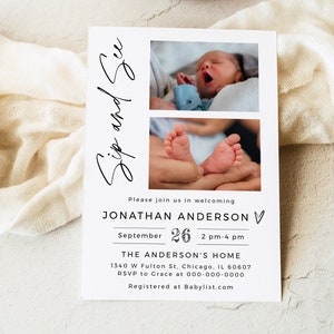 Sip and See baby invitation template Editable Modern baby invite Welcome baby invite New baby meet and greet Download Templett HCwbf-M2