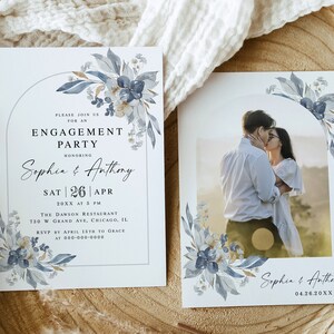 Dusty blue engagement party invitation Edit with Templett Modern couples shower invite Customize invite with arch Printable Download wfdb-f3