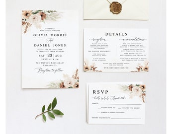 Puede incluir: Conjunto de invitaciones de boda con un diseño floral con flores secas y hierba de la pampa. La invitación incluye los nombres Olivia Morris y Daniel Jones, la fecha, la hora y el lugar de la boda, y los detalles de la respuesta.