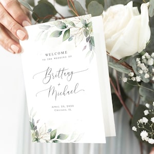 Greenery folded program printable Editable wedding program template Order of service Gold foliage wedding program Download Templett AGFW-1