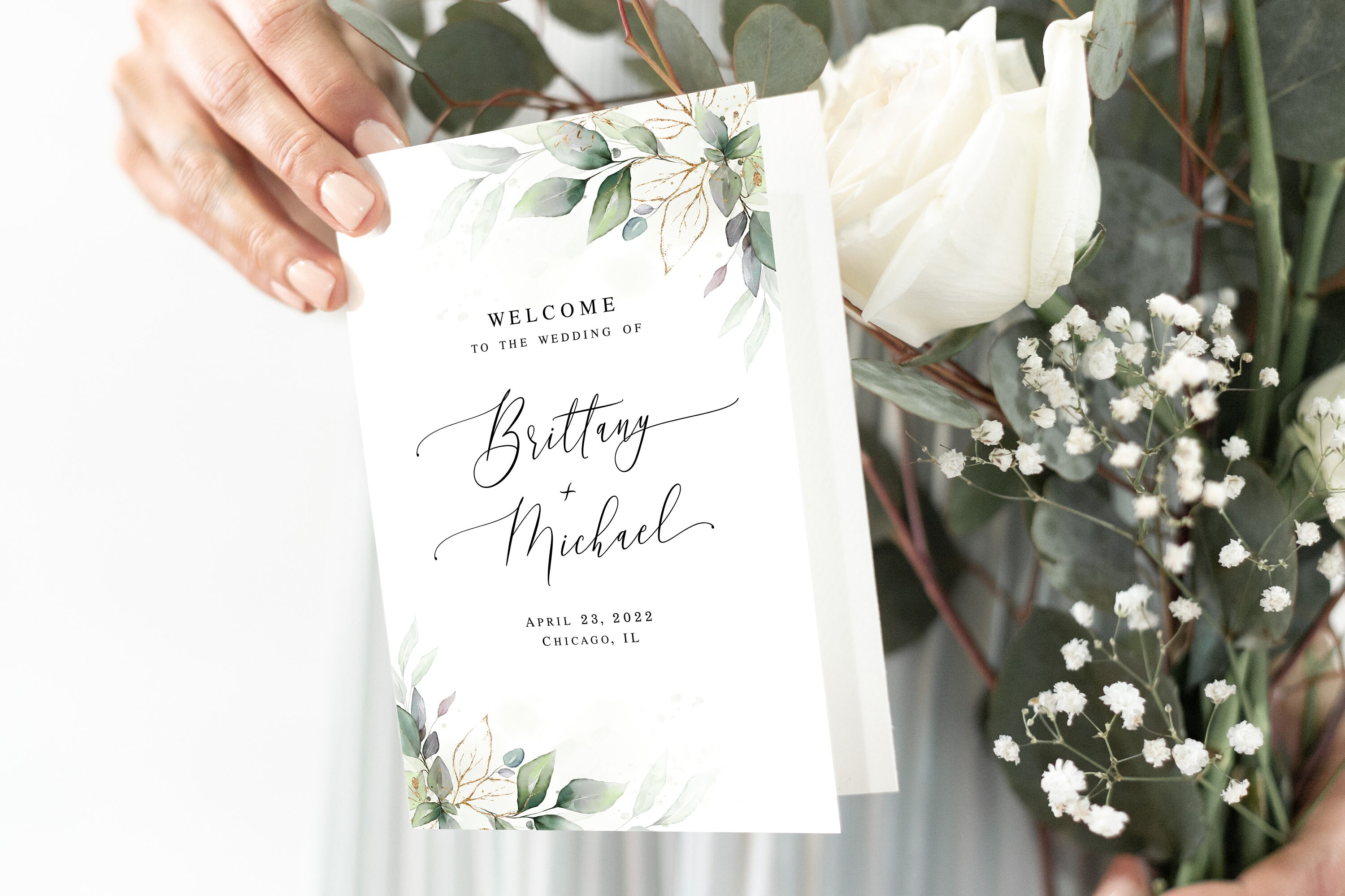 Greenery folded program printable Editable wedding program template Order of service Gold foliage wedding program Download Templett AGFW-1