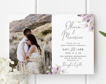 Lavender wedding invitation template Customizable invite with photo Digital download Templett LaWed-A