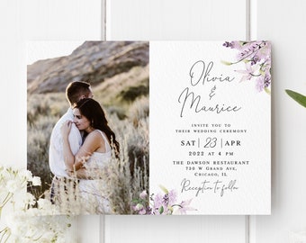 Lavender wedding invitation template Editable invite with photo Printable Calligraphy DIY Digital Download Templett LaWed-A