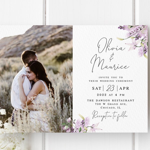 Lavender wedding invitation template Editable invite with photo Printable Calligraphy DIY Digital Download Templett LaWed-A