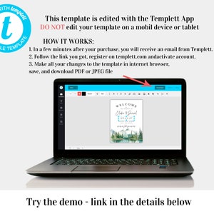 May include: A laptop displays a wedding welcome sign template with a mountain and lake design. The screen shows the text "WELCOME" and the names "Jake & Jared" with a date. Instructions for editing the template are also visible.