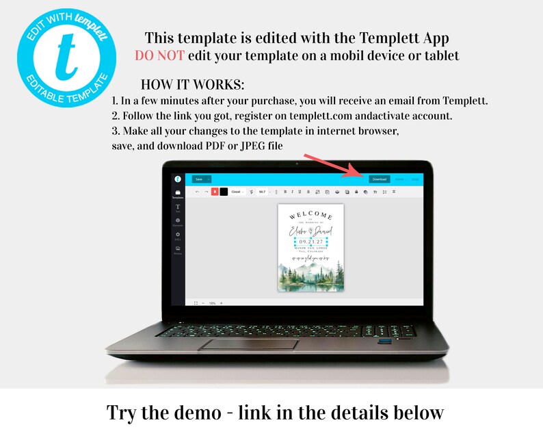 May include: A laptop displays a wedding welcome sign template with a mountain and lake design. The screen shows the text "WELCOME" and the names "Jake & Jared" with a date. Instructions for editing the template are also visible.