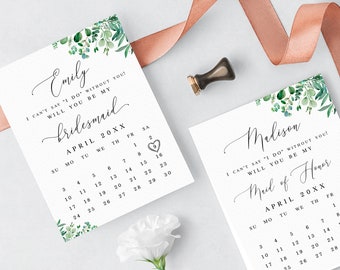 Eucalyptus bridesmaid proposal card template Editable calendar proposal card Greenery save the date printable Download Templett WEUF-3