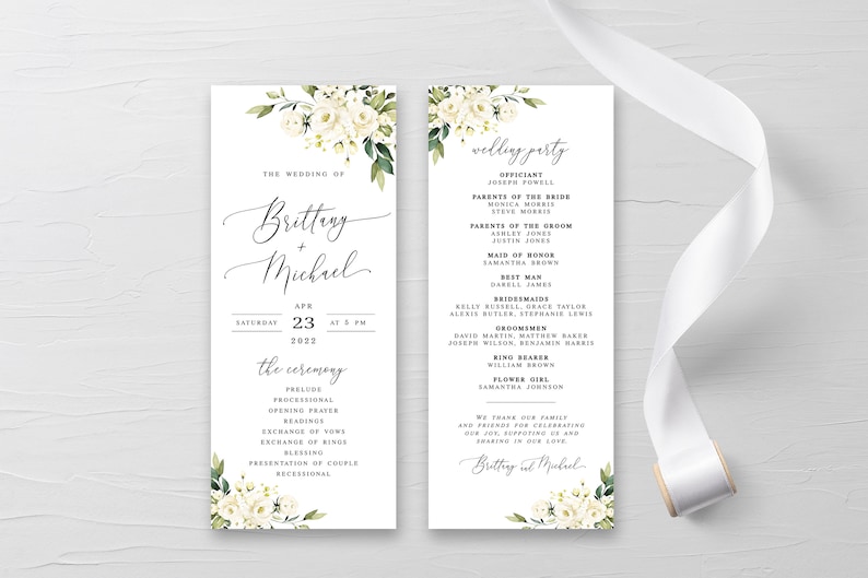 Floral wedding program template printable Wedding ceremony Editable wedding program White roses DIY calligraphy Download Templett AWHR-1 image 5