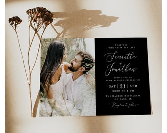 Photo invitation template Editable Wedding invite Black and White Landscape Printable Calligraphy Digital DIY Download Templett Blwht-30