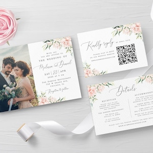 Modèle d'invitation de roses roses parure de mariage florale modifiable Faire-part de mariage de roses roses imprimable Faire-part de mariage photo Télécharger Templett WSPR-A