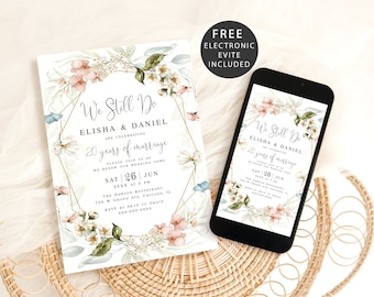 Plantilla de invitación para renovación de votos matrimoniales con diseño floral personalizable. Diseño geométrico. Descargar Templett MDUTFD1