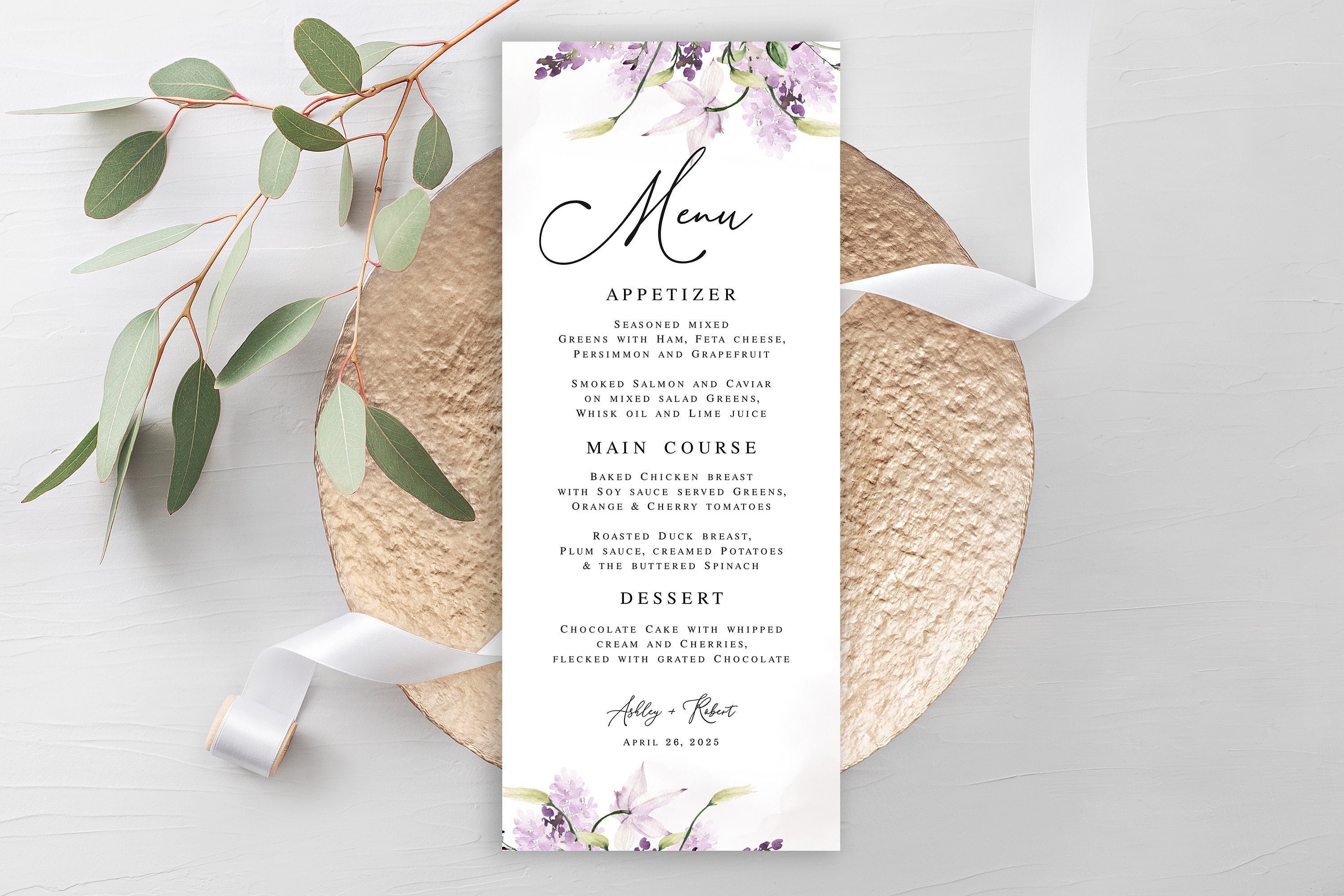 Lavender wedding menu card Floral menu card template Wedding table decor Downloadable menu printable Rehearsal dinner DIY Templett LaWed-A