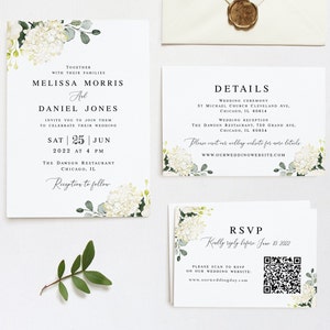 May include: Wedding invitation suite with white hydrangea floral design. The invitation card features the names Melissa Morris and Daniel Jones, the wedding date of Saturday, June 25, 2022, and the time of 4 PM. The details card includes the wedding ceremony and reception locations. The RSVP card has a QR code and the text "Kindly reply before June 10, 2022."