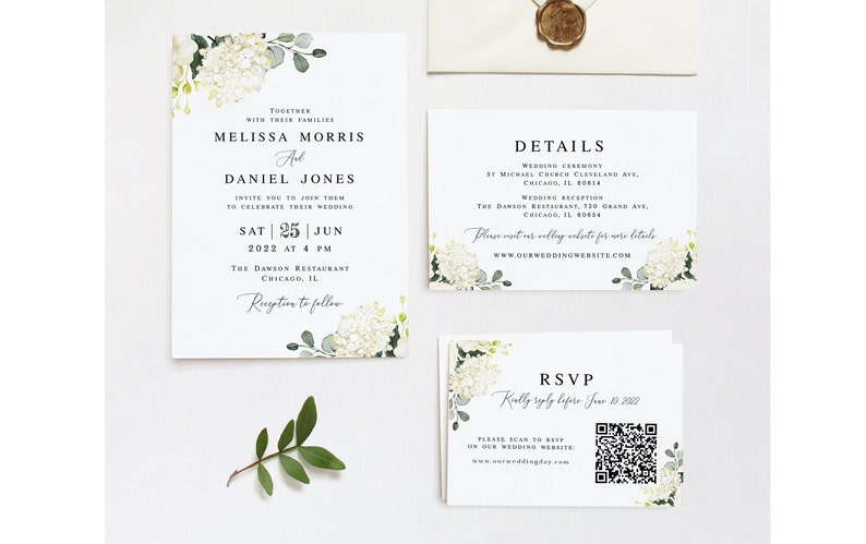 May include: Wedding invitation suite with white hydrangea floral design. The invitation card features the names Melissa Morris and Daniel Jones, the wedding date of Saturday, June 25, 2022, and the time of 4 PM. The details card includes the wedding ceremony and reception locations. The RSVP card has a QR code and the text "Kindly reply before June 10, 2022."