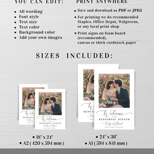 May include: Two printable welcome signs for a rehearsal dinner. The signs feature a couple in a romantic setting with the text "Welcome to our Rehearsal Dinner" and the couple's names. The signs are available in two sizes: 18 inches by 24 inches (A2) and 24 inches by 36 inches (A1).